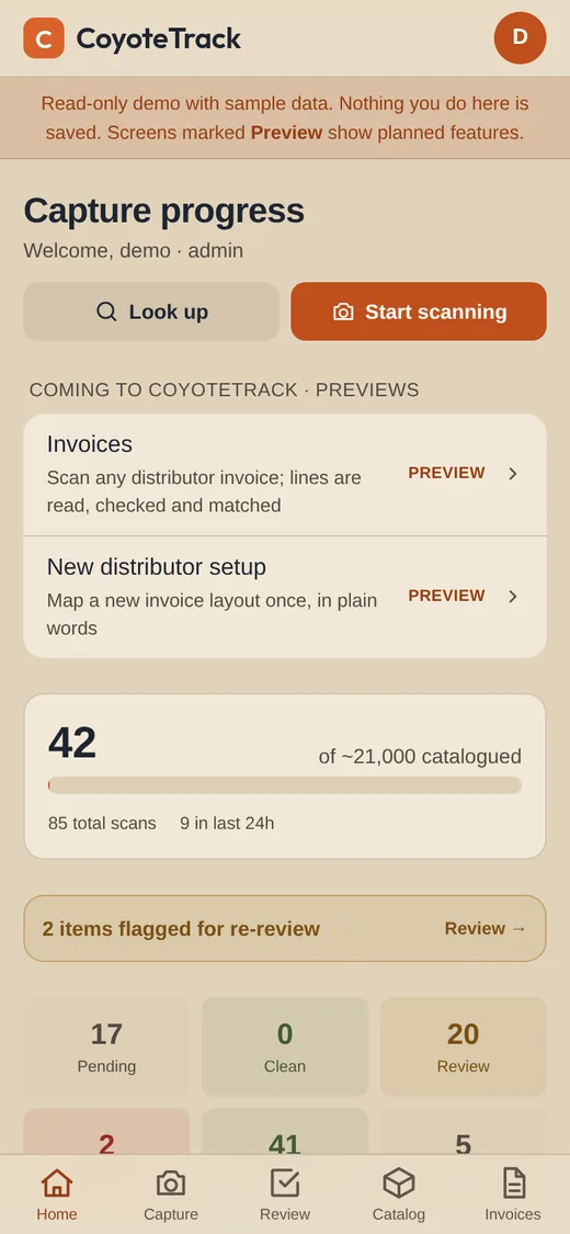 CoyoteTrack home: capture progress, items flagged for re-review, and counts by status
