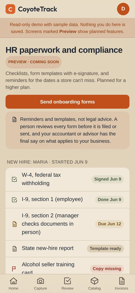 HR paperwork: a new hire's onboarding checklist with signed, done and due forms