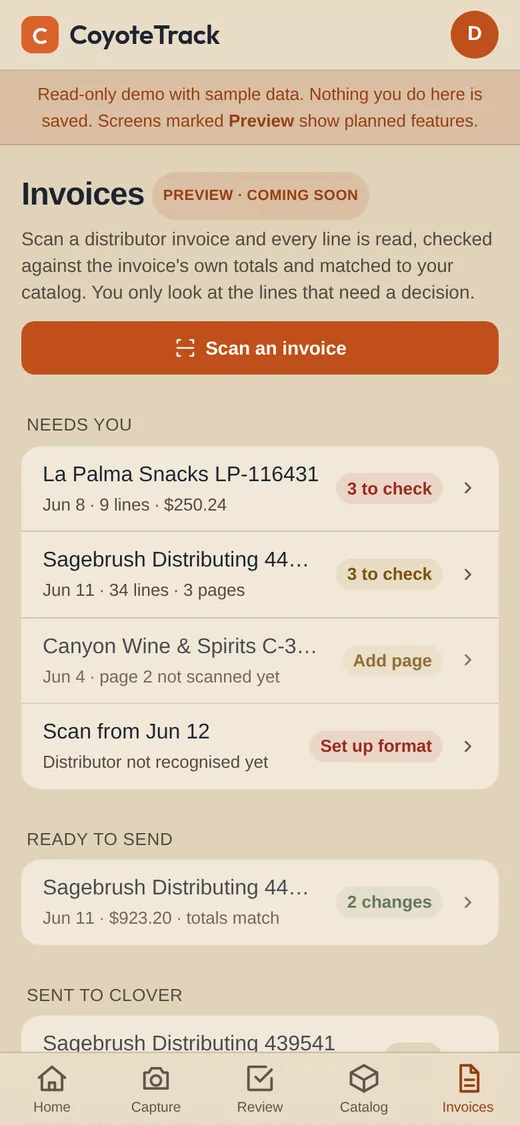 The invoice inbox: two invoices with lines to check, one waiting for a missing page, one ready to send to Clover