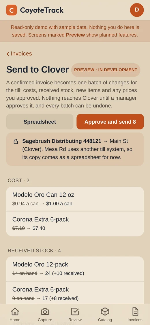Send to Clover: one batch of cost and stock changes from an invoice, waiting for a manager to approve
